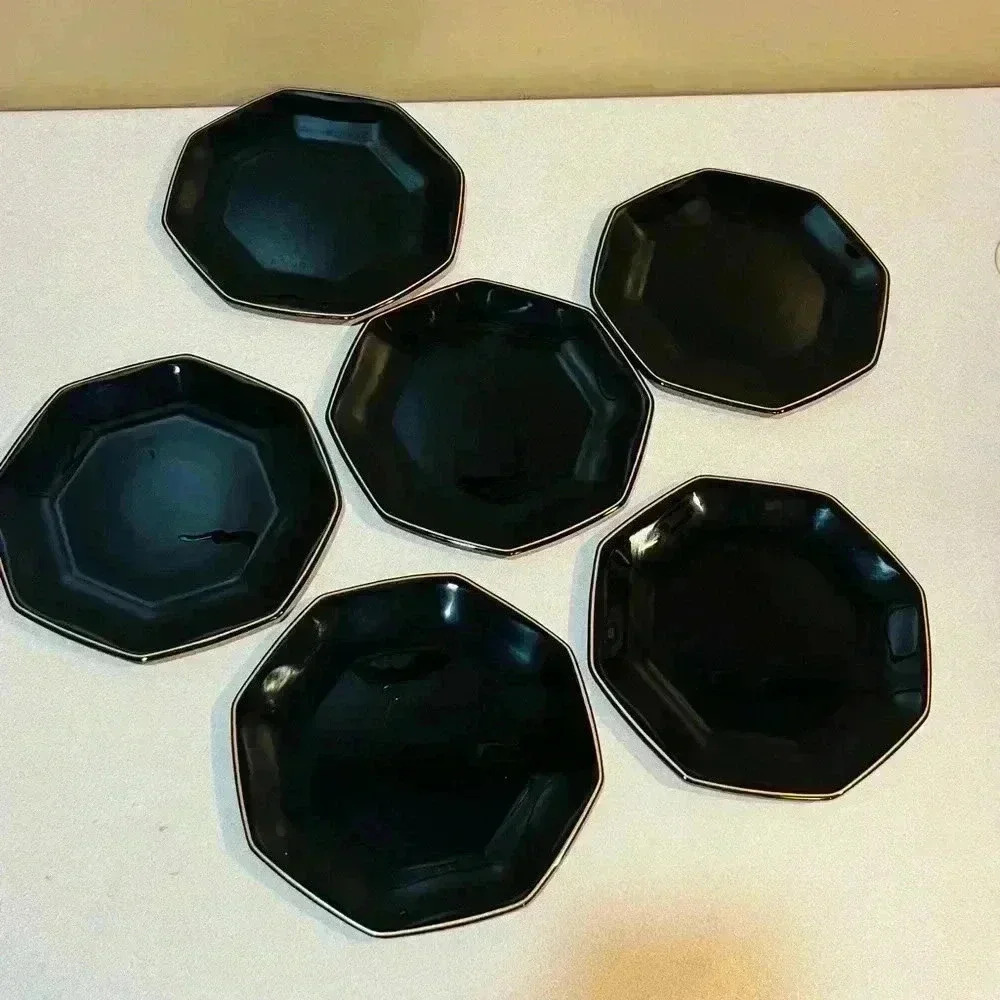 Vintage Arcoroc Black w/ Gold‎ Trim Octagonal 6 Salad Plates 7.5" Made In France